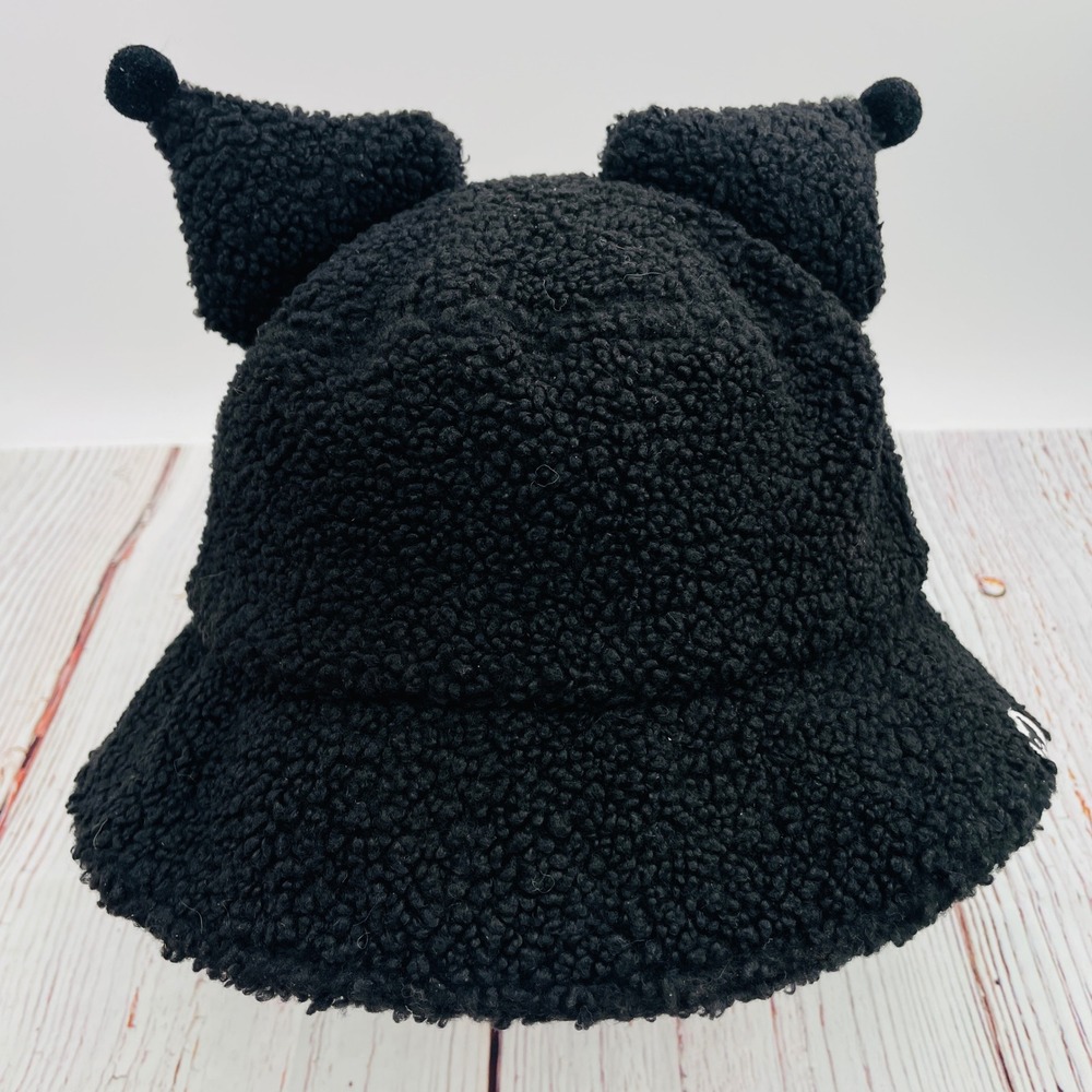 Kuromi Sanrio Bioworld Black Sherpa Faux Fur Bucket Hat with Ears SIL-34706 OSFM